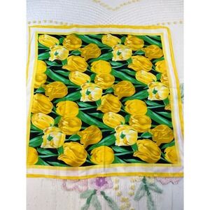 Vintage Yellow‎ Tulip Floral Square Scarf Black Green Botanical Head Wrap 29x29